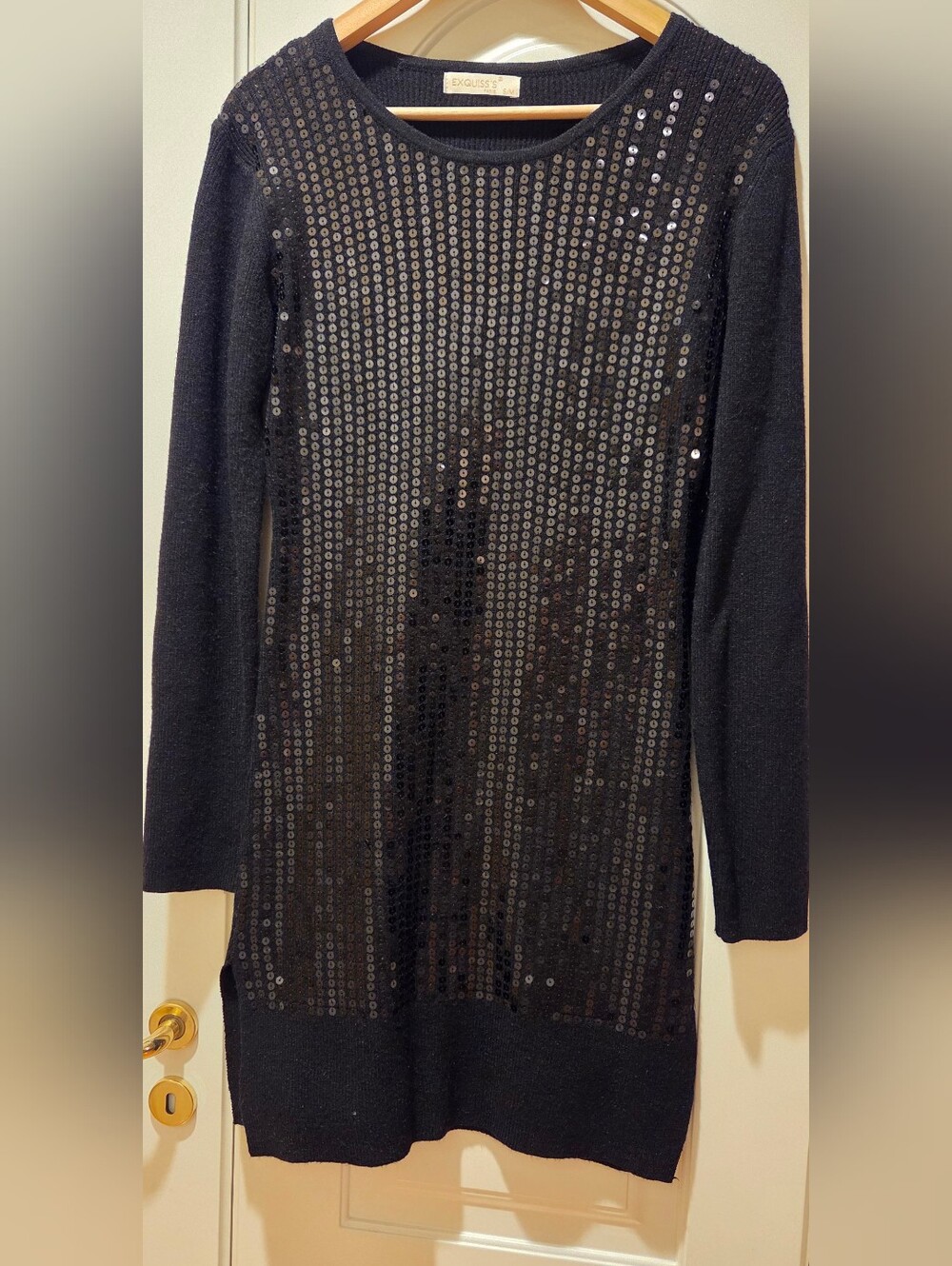 Black Sequin-Front Long Sleeve Dress